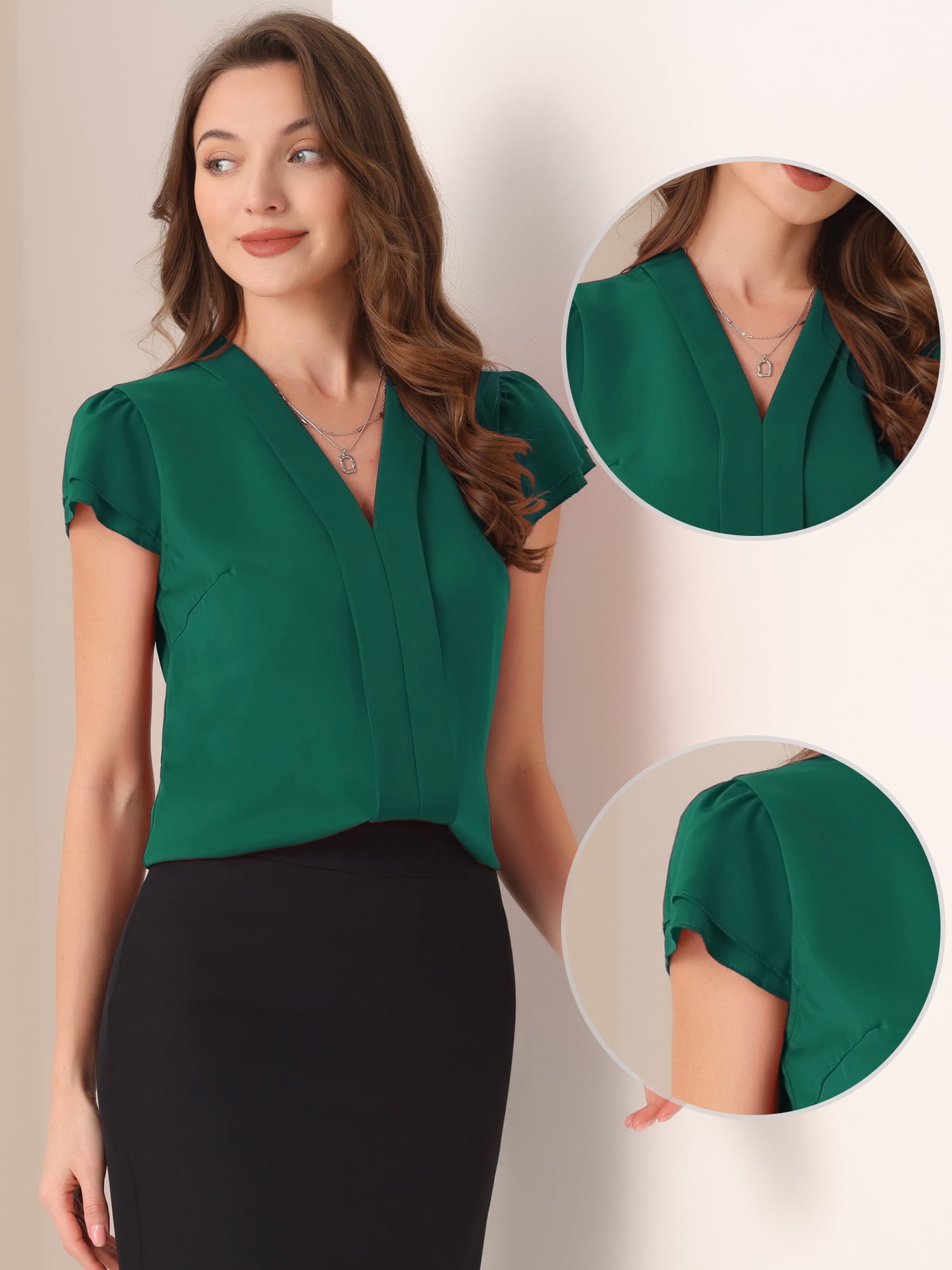 DARING DIVA Women's Summer Office Tops V-Neck Solid Color Chiffon Blouse S Dark Green
