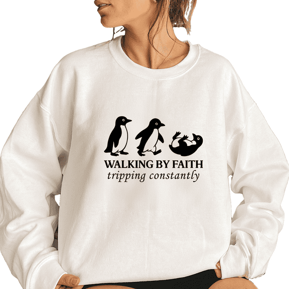 WALKING BY FAITH Tripping constantly Print Tops for Women & Men Funny Penguin Sweatshirts Sarcastic Meme Shirts Long Sleeve Casual Pullover for Daily Outfits White,S