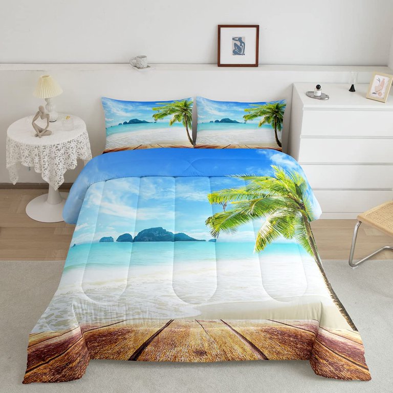 Beach Comforter Set Queen Size Ocean Bedding Set Tropical Palm