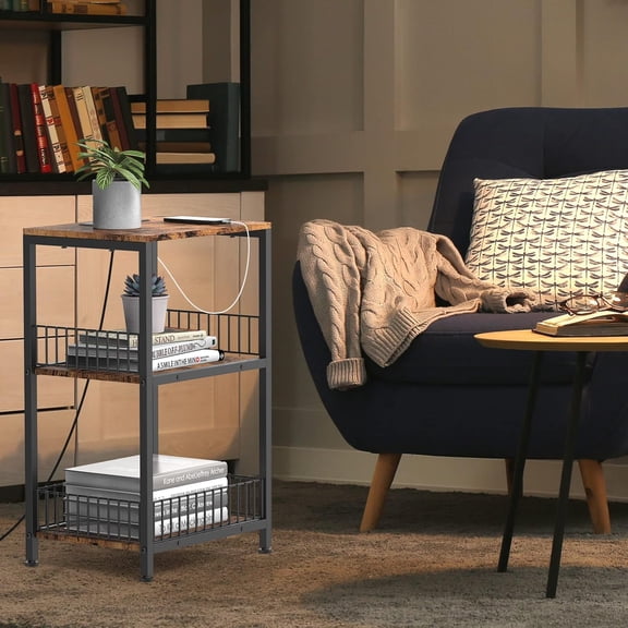 3-Tier End Table with Charging Station – Rustic Brown Nightstand with Wheels for Living Room, Bedroom, and Small Spaces