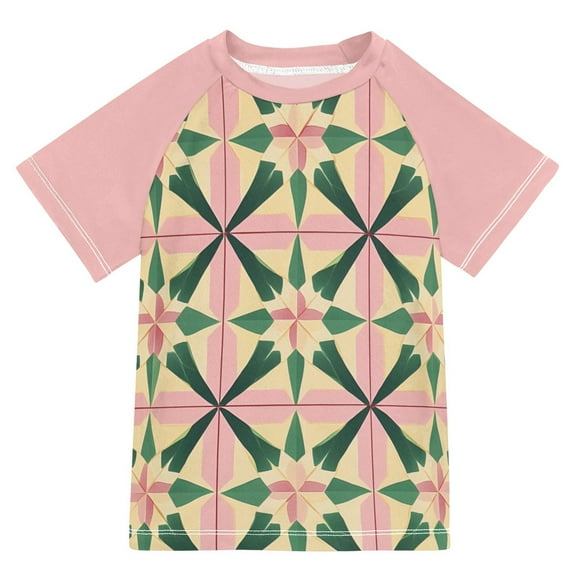 FORMRS Boys Rash Guard with Short Sleeves UPF 50  Swim Shirts Sizes 3-12T, Pink Symmetrical Stars
