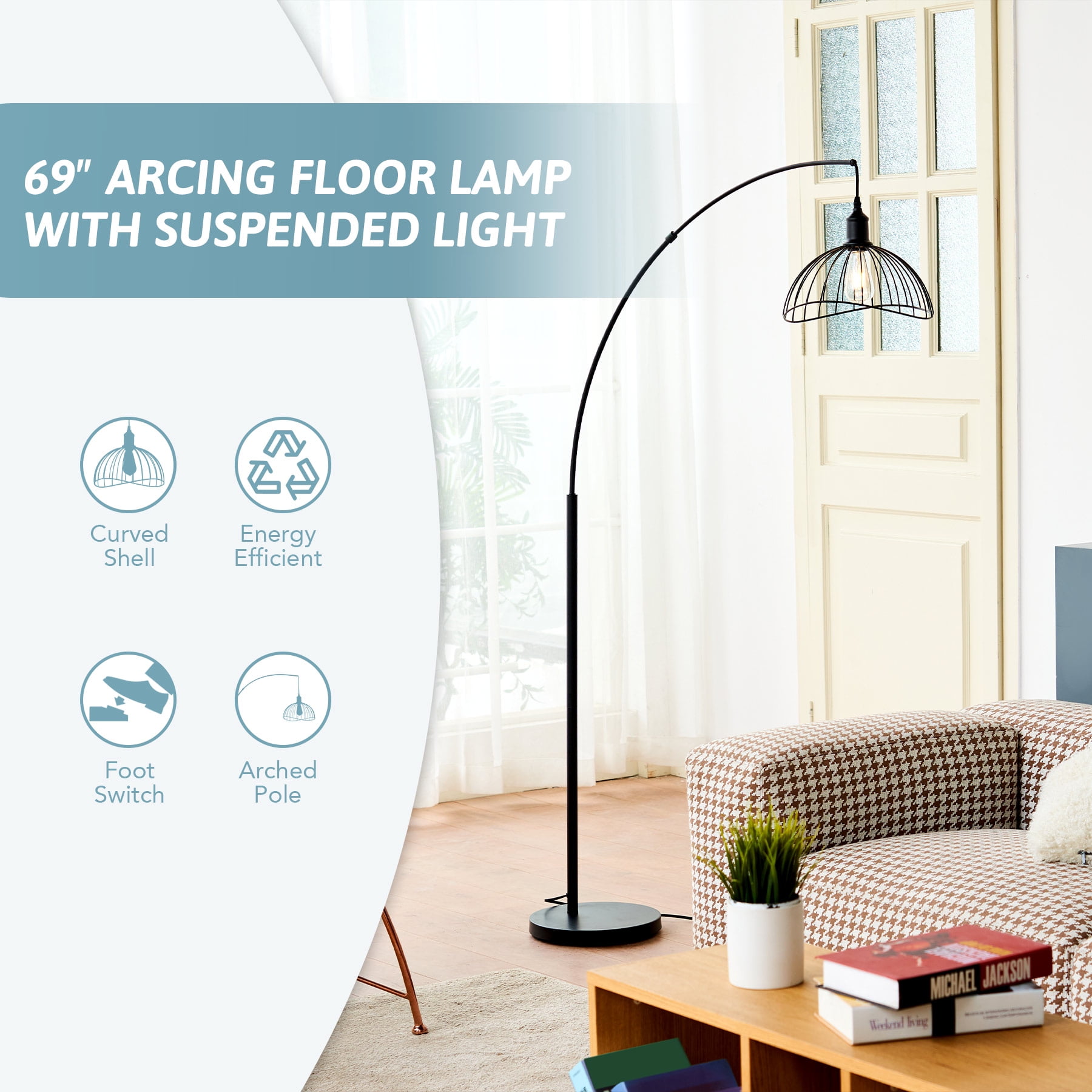 69" Modern Arc Floor Lamp w Hanging Cage Shade Industrial Standing Lamp