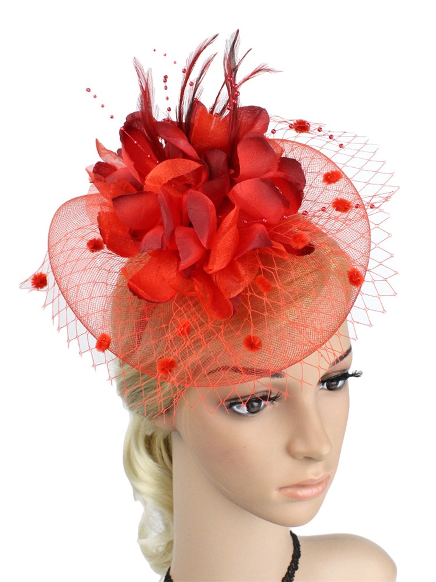 woshilaocai Lady Flower Mesh Fascinator Feather Headband