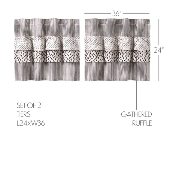 VHC Brands, Florette Ruffled Patchwork Curtain Tier, Brown, 24x36, Set of 2