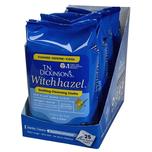 T.N. Dickinson's Witch Hazel - Paño limpiador calmante multiuso, paquete de 4, 25 paños por paquete, color blanco