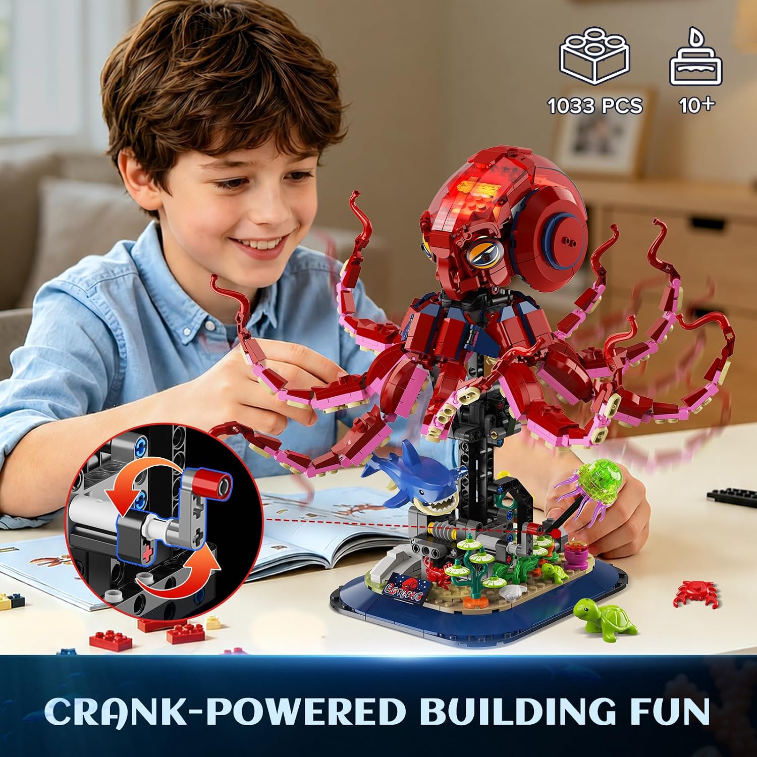 TERRAMUS Set de Construcción de Pulpo Mecánico, 1031 Piezas Kit de Bloques de Animal Oceánico Autómata Móvil con Soporte de Exhibición de Aguas Profundas para Niños de 12+ Años 3