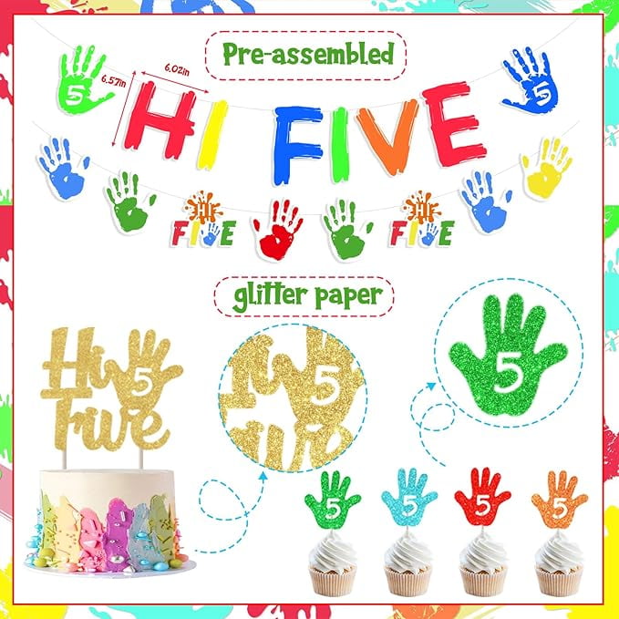 Hi Five Birthday Party Decorations, 5th Birthday Decorations for Boys Girls, Hi Five Banner Garland Cake Cupcake Toppers Number 5 Foil Balloon for 5 Year Old Bday Party