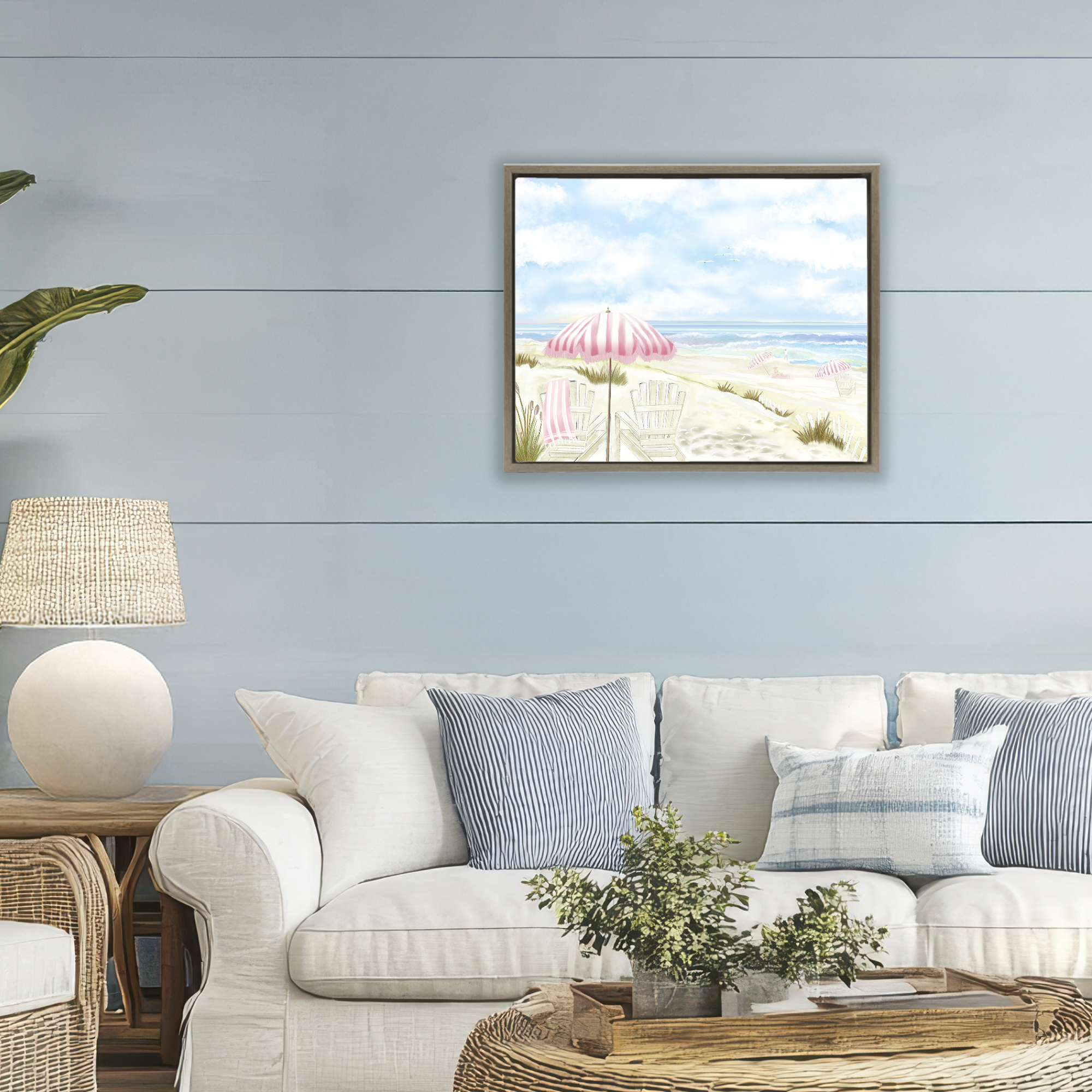 Seascape with Pink Umbrella Brown Framed Floater Canvas Wall Art, design by Lori Mosley
