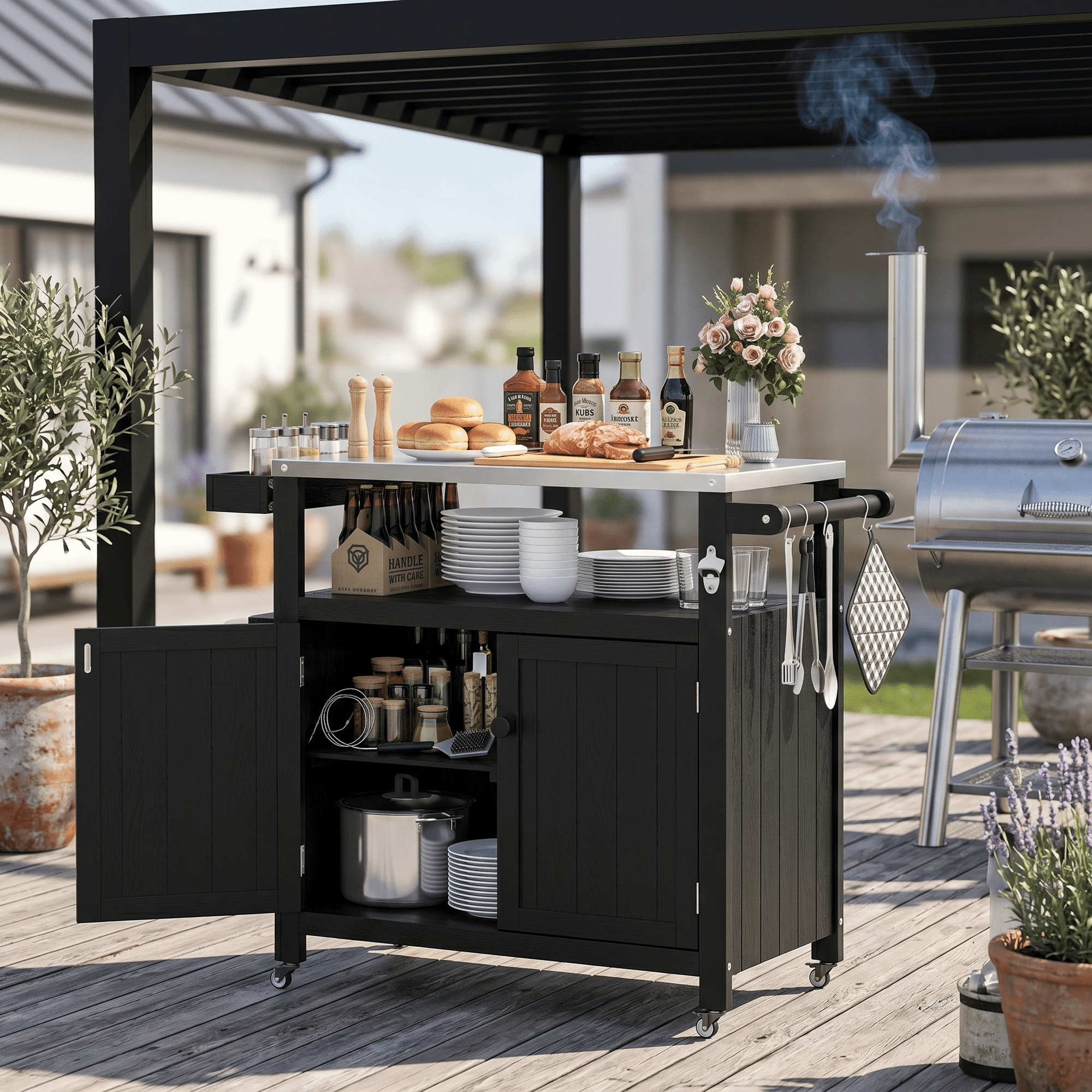 AwayHome HIPS Outdoor Kitchen Island Grill Cart with Storage Cabinet, Stainless Steel Top, Wheels & Hooks, Black