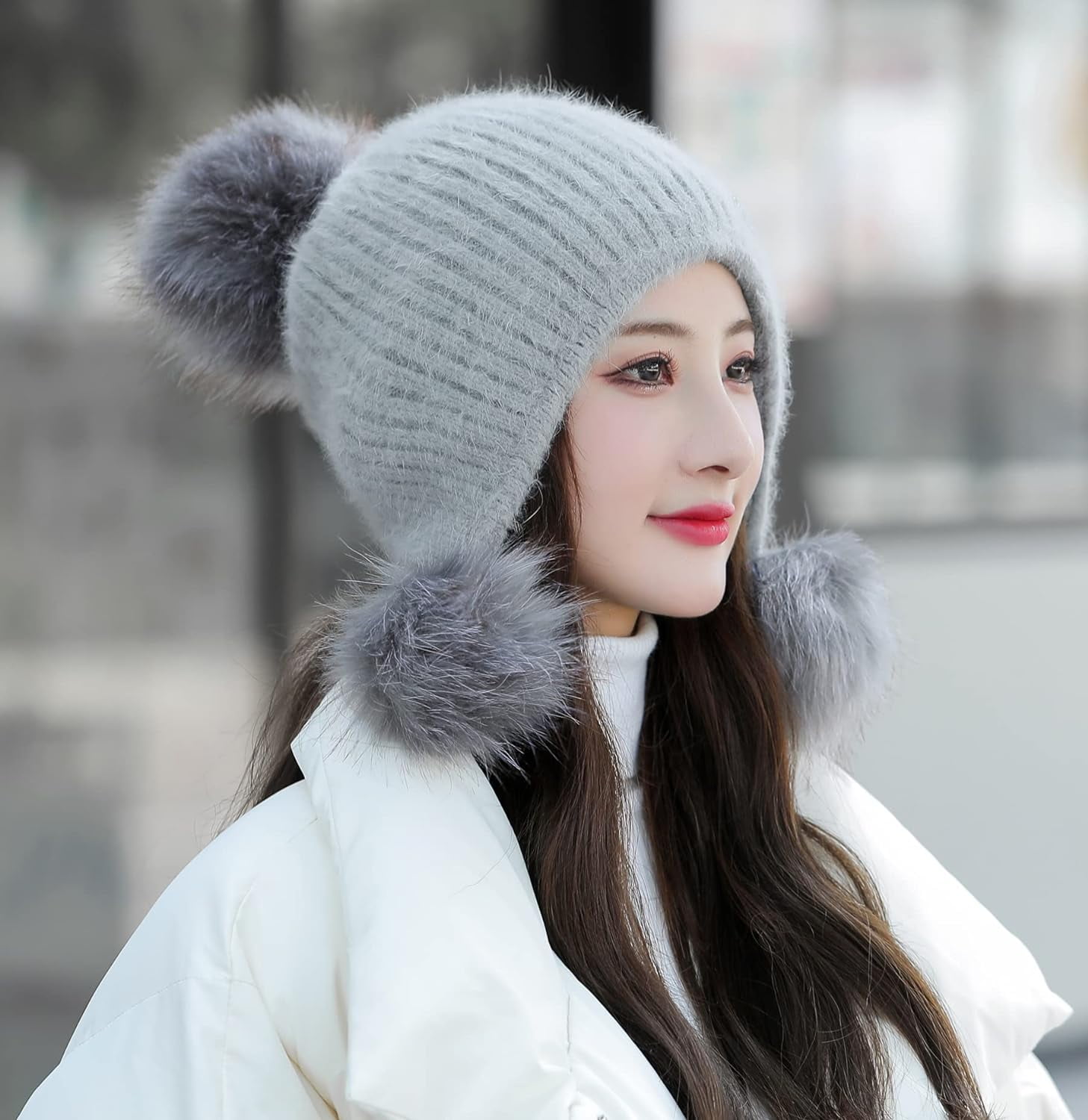 YooGuoGuo Women Winter Beanie Hat Earflap Peruvian Warm Slouchy Fleece Lined 3 Pom Poms Knit Sherpa Fluffy Soft Ski Hats