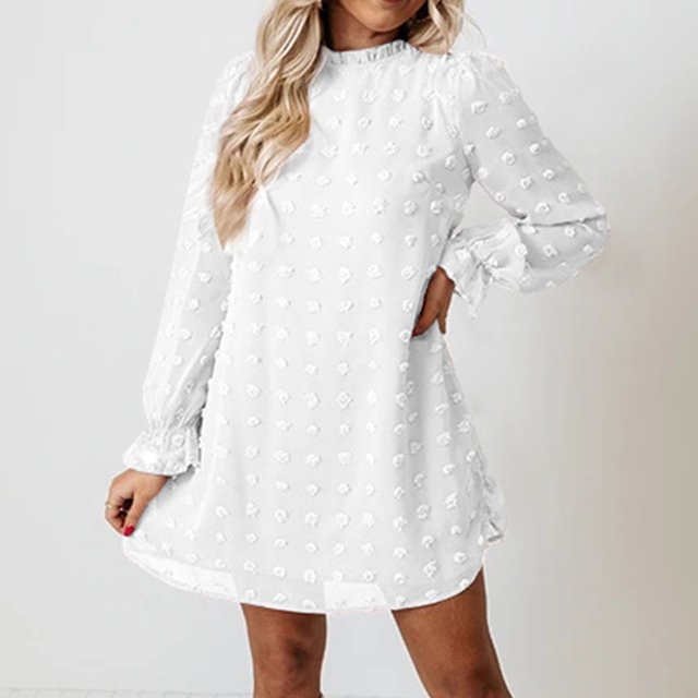 Vestido De Manga Larga, Tela Jacquard Suave Para Mujer, Vestido De Punto Dulce, Informal, De Peso Moderado, Mangas Abullonadas, Cuello De Encaje Para Oficina ANGGREK EF1711