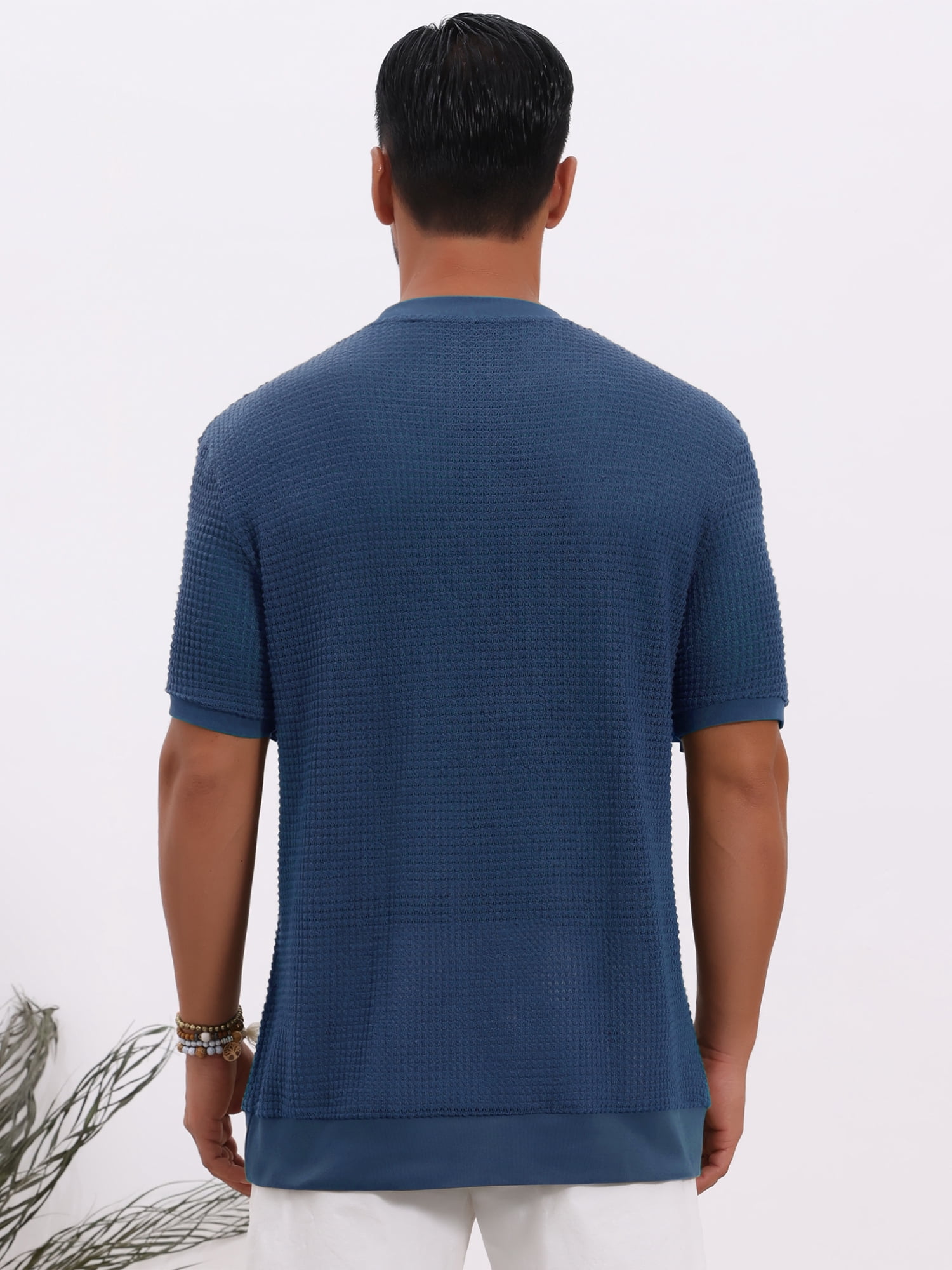 DARING DIVA Men's Waffle Short Sleeve Crew Neck Solid Knitted T-Shirt S Dark Blue