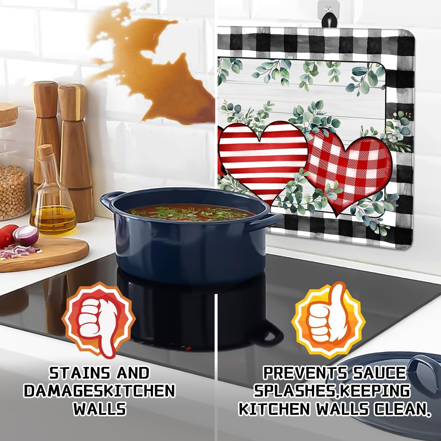 Valentines Day Stove Top Cover Love Heart Gas Stove Top Cover for Home Decoration Kitchen Pad Eucalyptus Leaves Non-Stick Washable Cooktop Covers Countertop Protector Keep Stove Clean Black