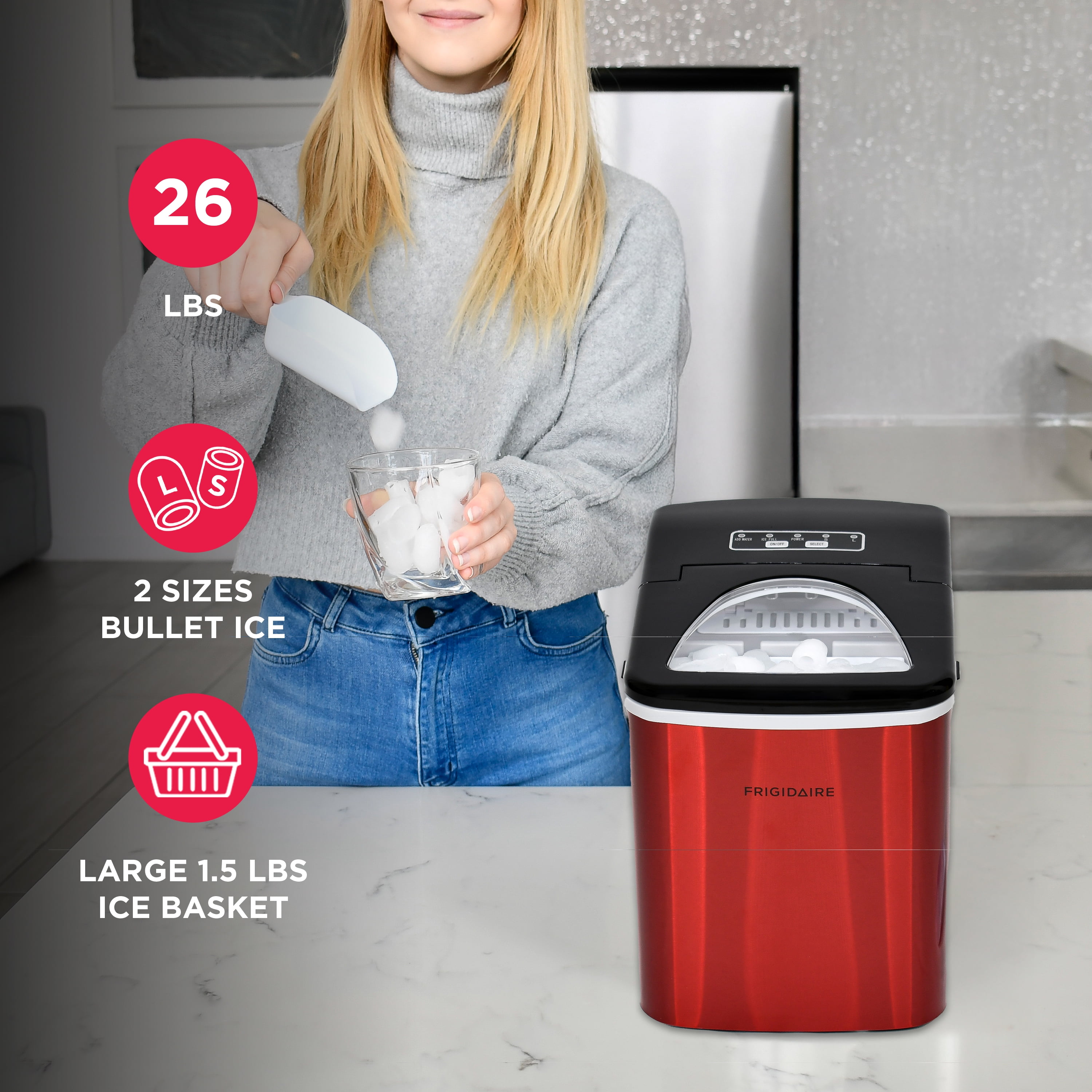 Frigidaire 26 lb. Bullet Ice Maker, Countertop Ice Machine with LED Control Panel, Red Stainless Steel