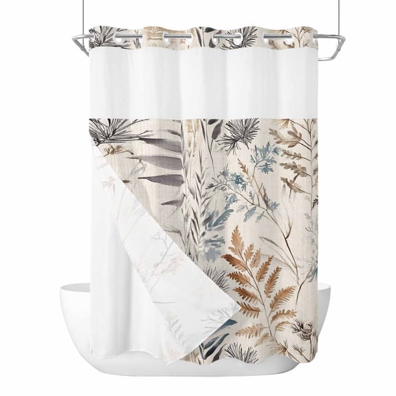 No Hook Shower Curtain, Farmhouse Leaves Long Bathtub Curtains with Snap in Liner, Pastoral Vintage Flowers Botanical Waterproof Washable Fabric Shower Curtain Set, 72"W x 84"L