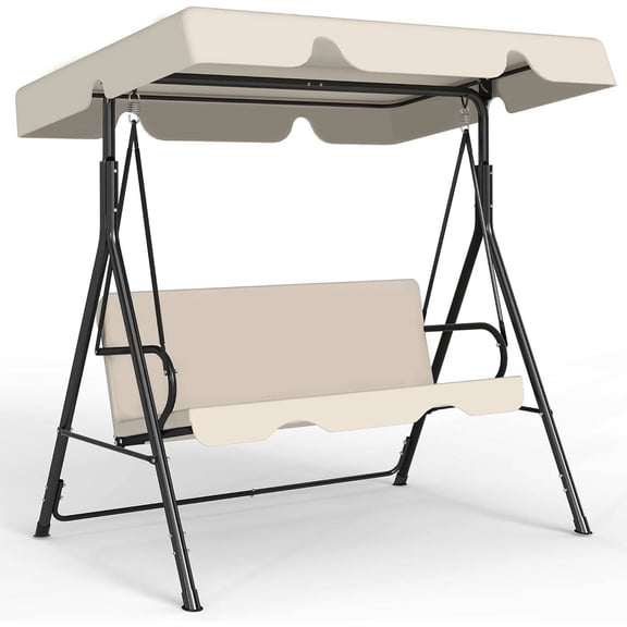 Outdoor Patio Swing Chair with Adjustable Canopy, Heavy-Duty Steel Stand for 3 Adults, Beige