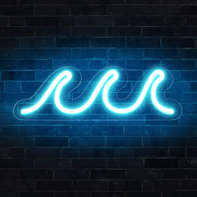 Letrero de neón ondulado en dormitorio, letrero de neón LED azul hielo con decoración de pared, luz nocturna USB con regulador de intensidad e interruptor, decoración tropical en sala de estar, bar, TUNC Sencillez