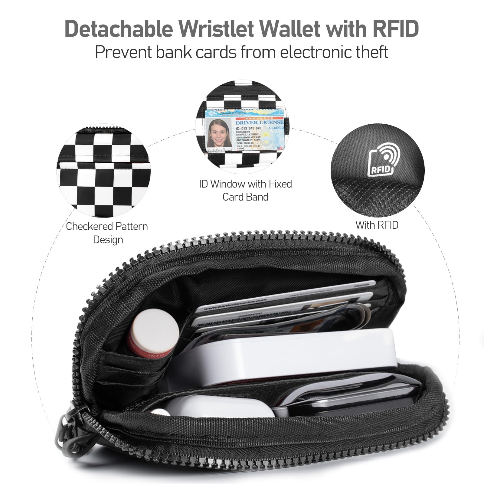 Cysiyu Clip and Go Strap for Phone with Wallet Crossbody Phone Lanyard and Detachable Checkered Bag with ID Window and RFID Pouch for Daily Travel.