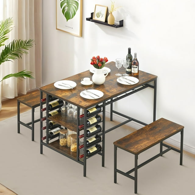 47" Dining Table Set for 4, 3 Pieces Kitchen Table Set with 2 Benches, Wine Rack and 2-Tier Storage Shelves, Space-Saving Breakfast Table Set for Apartment, Easy to Assemble