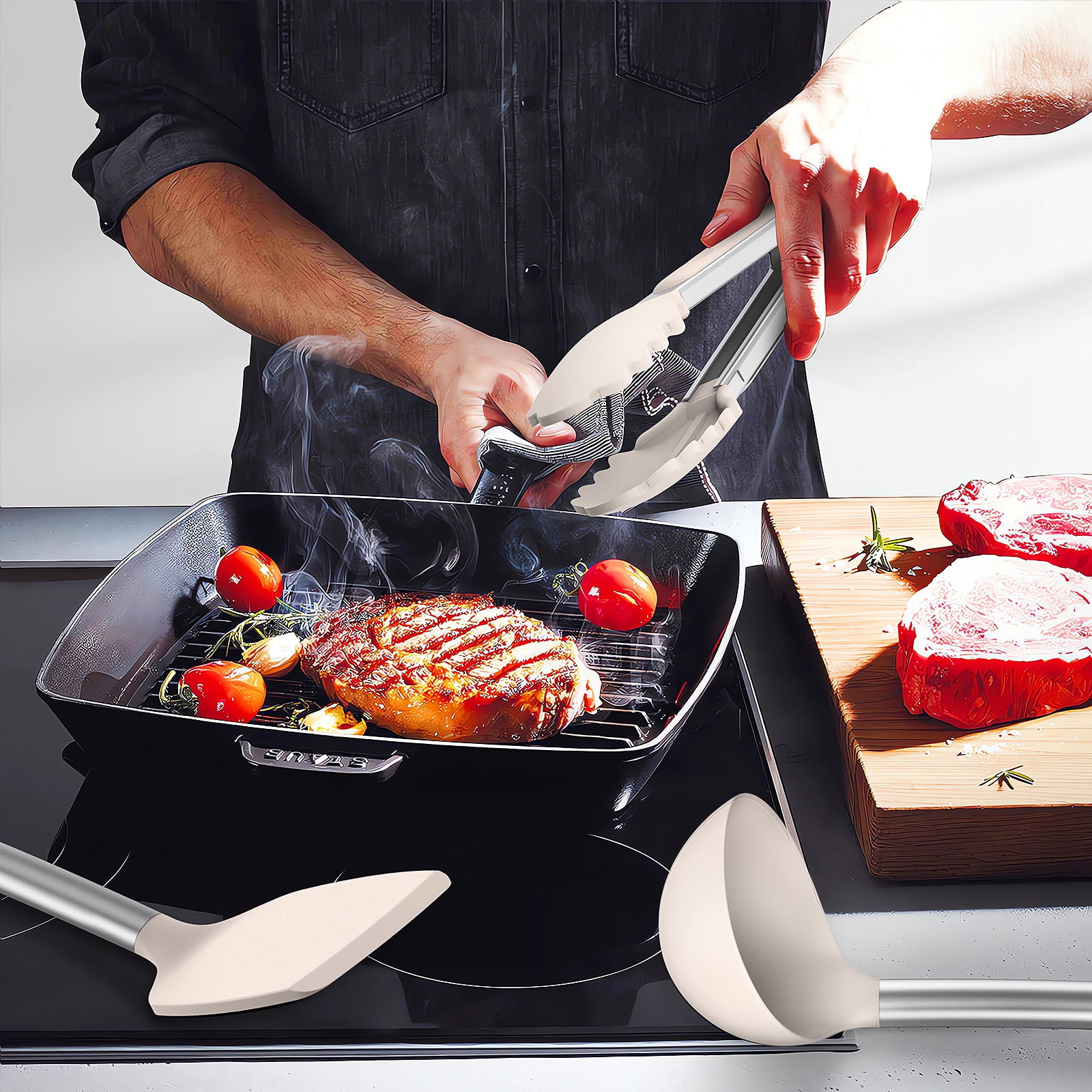 Silicone Cooking Utensils Set - Heat Resistant Silicone Kitchen Utensils for Cooking, Kitchen Utensil Spatula Set,BPA FREE Kitchen Gadgets Tools for Non-Stick Cookware Dishwasher Safe (Khaki)