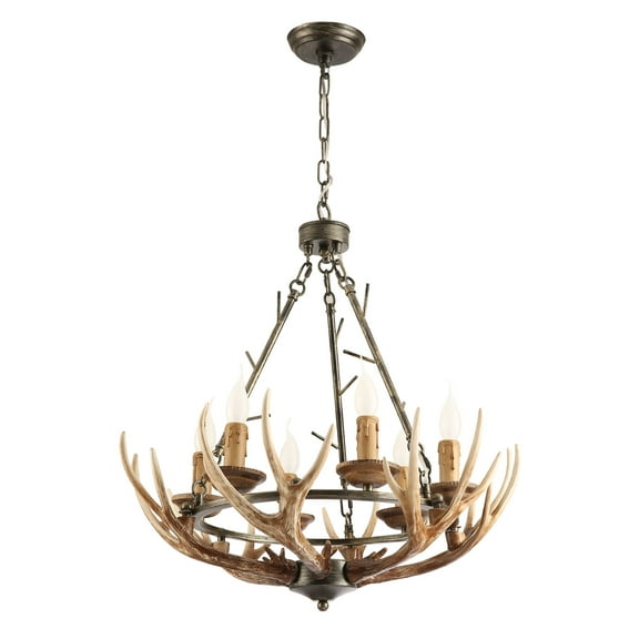 Wildnix Rustic Brown Antler Chandelier with 6 E12 Bulb Holders, Adjustable Hanging Chain, Retro Farmhouse Ceiling Light, Perfect for Living Rooms and Dining Spaces