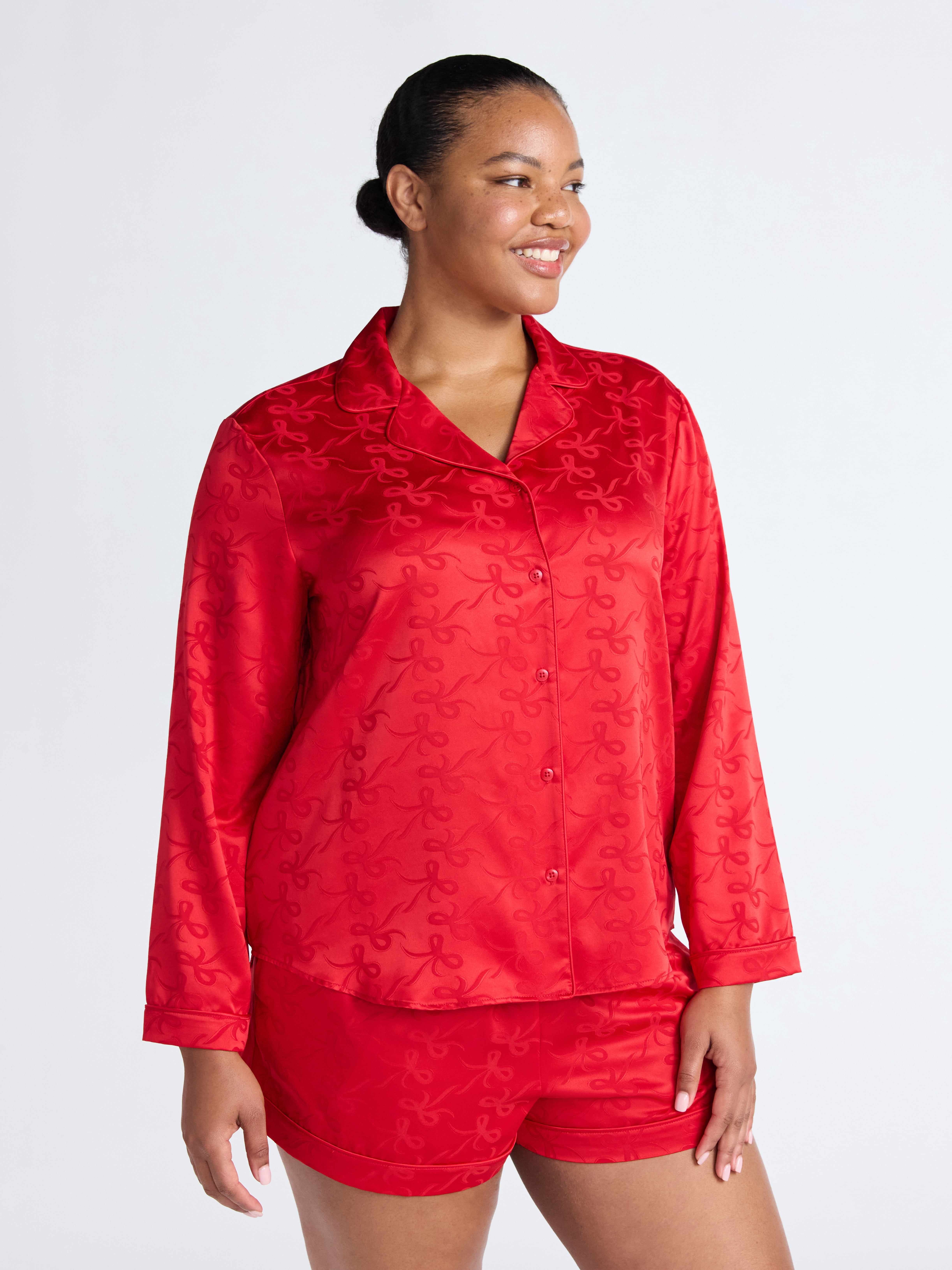 Joyspun Women’s Stretch Satin Notch Long Sleeve Top and Shorts Pajama Set, 2-Piece, Sizes XS-3X