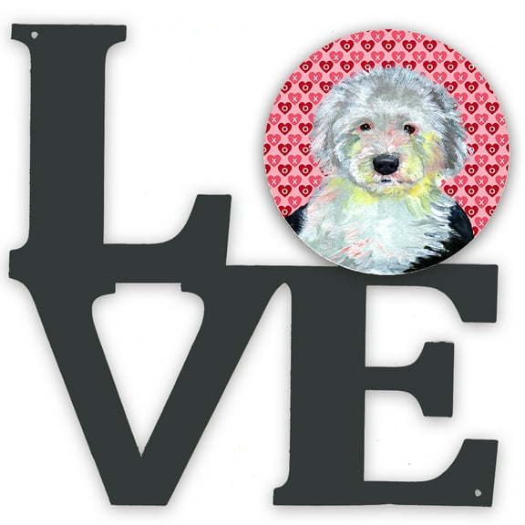 Old English Sheepdog Hearts Love and Valentines Day Portrait Metal Wall Artwork LOVE