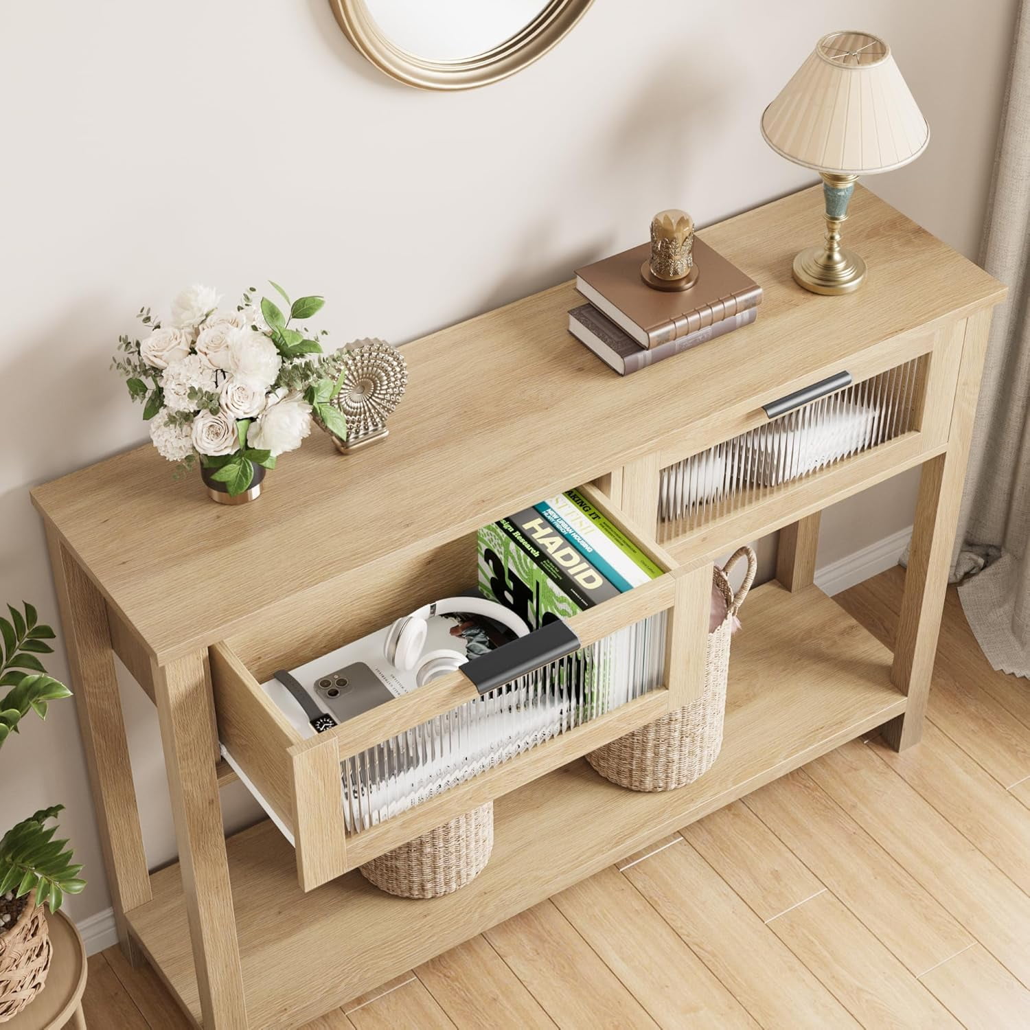 PYY Modern Rustic Console Table with Glass Drawers – 2-Tier Narrow Wooden Sofa Side Table, Open Storage Shelf for Entryway, Living Room, Hallway and Home Office – Natural Wood Color