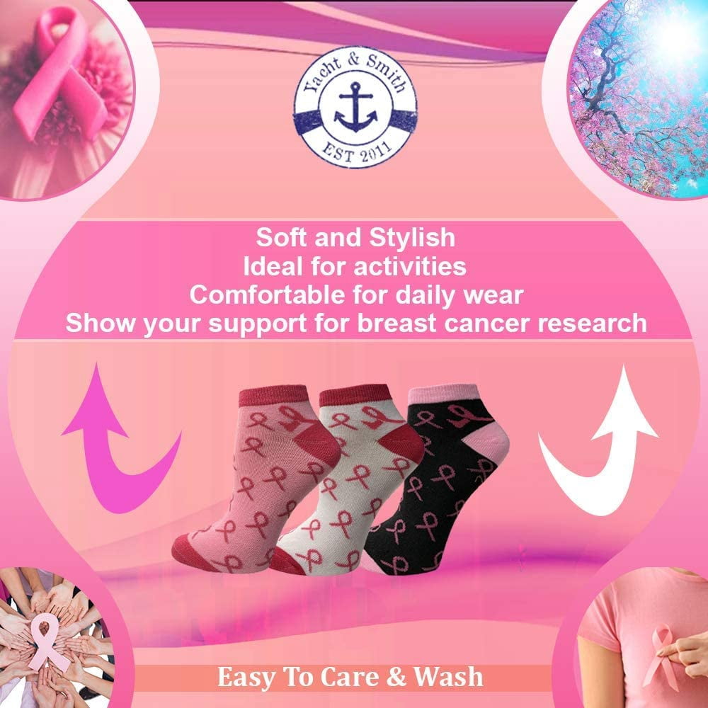 Yacht & Smith Pink Ribbon Breast Cancer Awareness Ankle/Crew Socks for Women (Assorted Ankle F, 9-11)