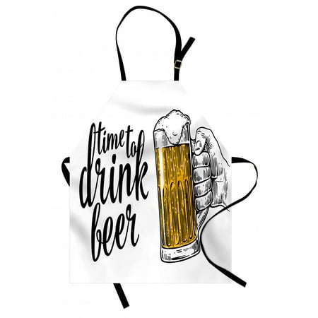 Lifestyle Apron Time to Drink Beer Quote with a Man Hand Holding the Mug Toast Illustration, Unisex Kitchen Bib Apron with Adjustable Neck for Cooking Baking Gardening, Yellow Black, by