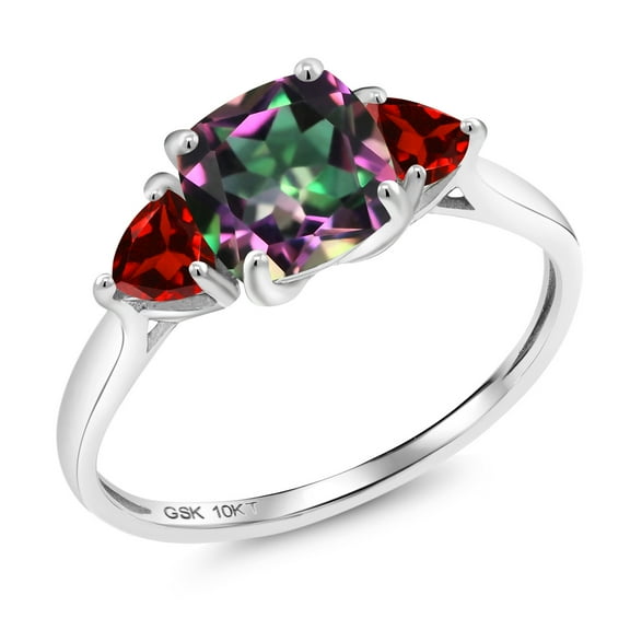 Gem Stone King 10K White Gold Green Mystic Topaz and Red Garnet 3-Stone Engagement Ring for Women | 2.68 Cttw, 7MM Cushion and 4MM Trillion | Wedding Anniversary Promise Ring for Women | Size 9