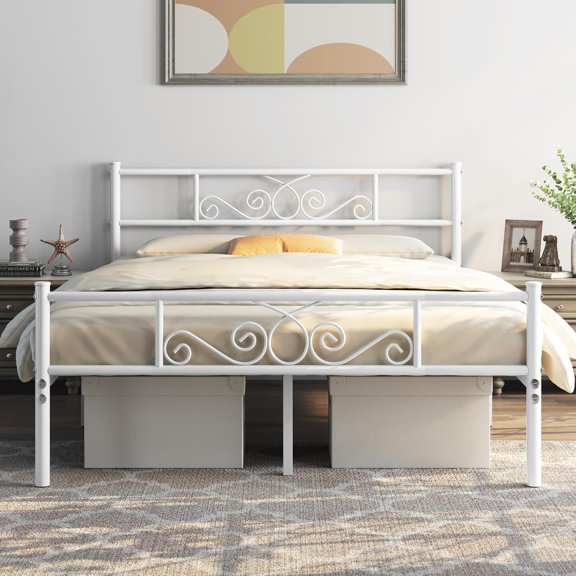 SSyao 13 inch White Classic Metal Bed Frame with Headboard Mattress Foundation/Platform Bed/Slatted Bed Base,Full Size