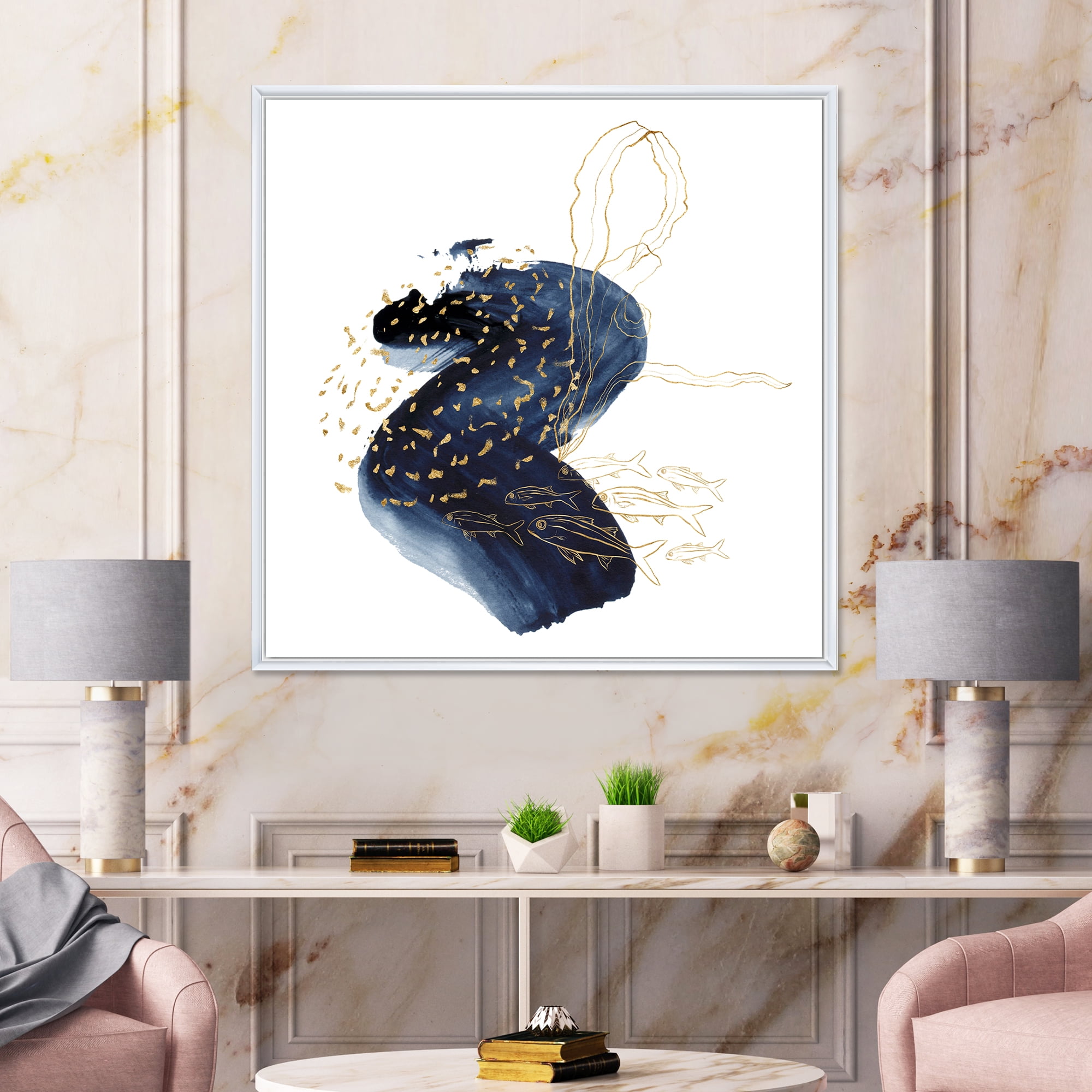 Designart 'Underwater Marine Life Classic Blue Square ' Farmhouse Framed Canvas Wall Art Print