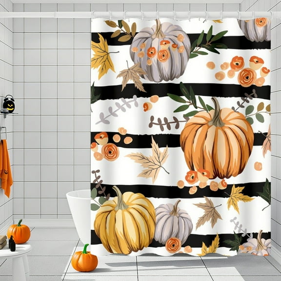 Oioii Fall Autumn Halloween Thanksgiving Shower Curtain, Waterproof Fabric with Pumpkins Maple Leaves Design Shower Curtains Set, Non-punching Bathroom Curtain Decor