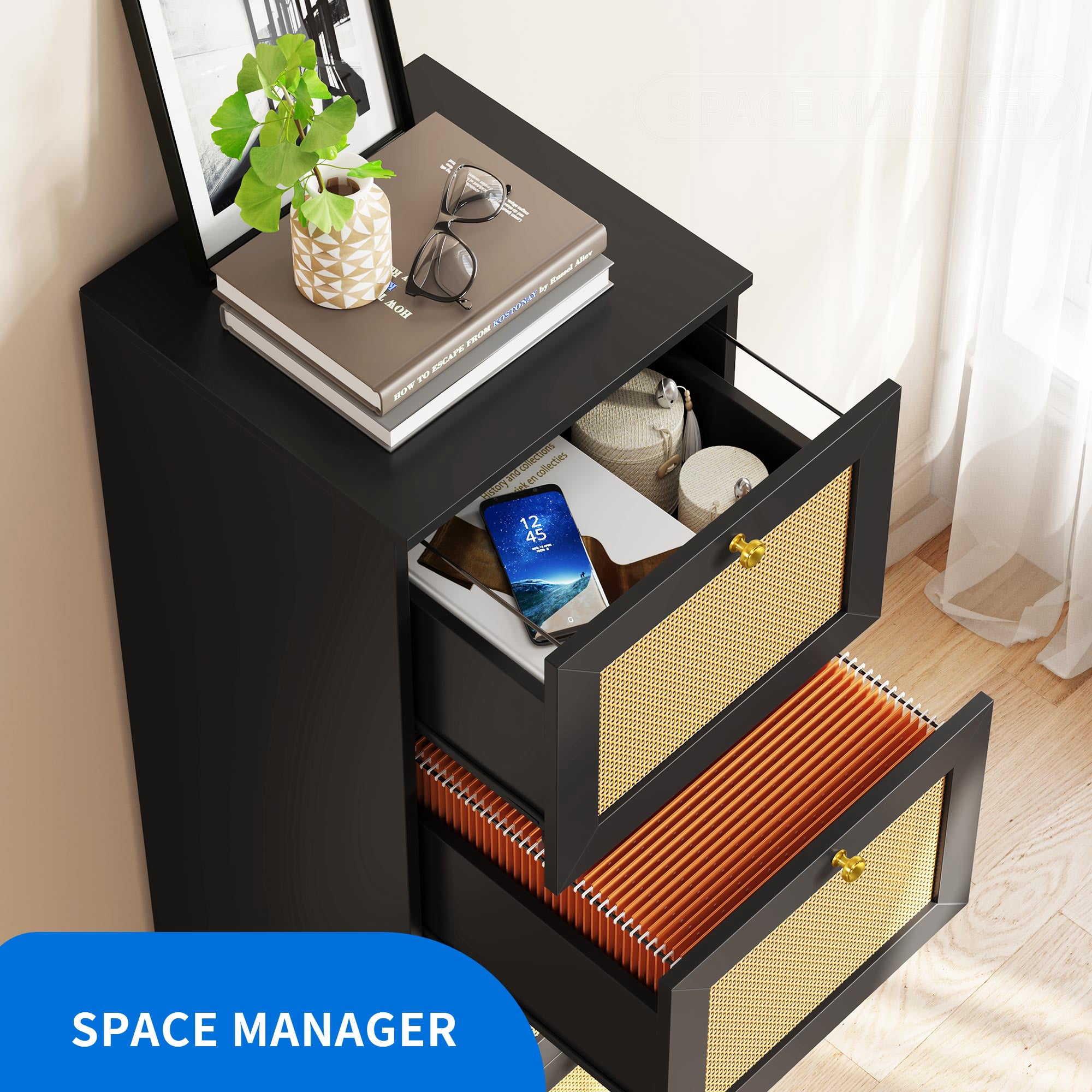 Dextrus Rattan 4-Drawer Wood File Cabinet with Lock,15.82" Deep Vertical Filing Cabinet for Letter A4-Sized Files, Chest Organizer Office Storage, Black