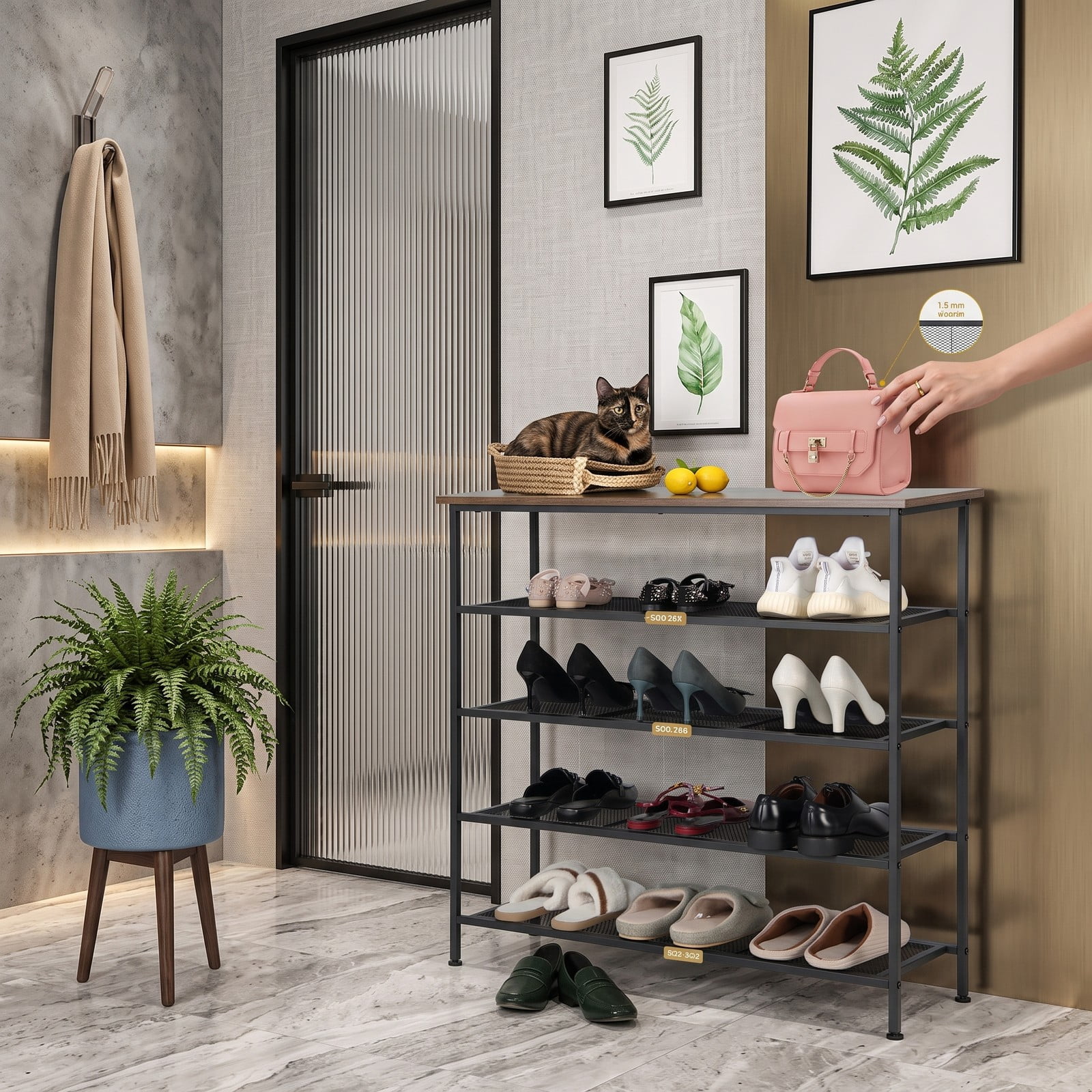 Furnibear Industrial 5-Tier Metal Shoe Rack with Wood Top and Adjustable Feet for Entryway Hallway and Bedroom, Rustic Brown