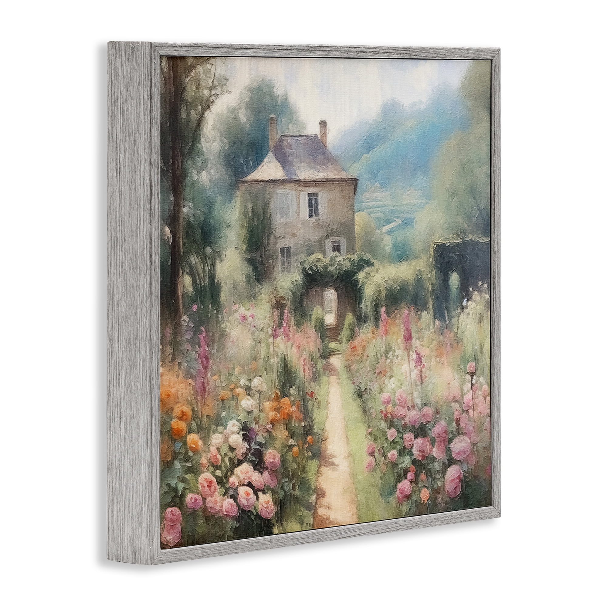 Stupell Industries Blooming Cottage Path Landscape Painting Gray Framed Art Print Wall Art, 24 x 24