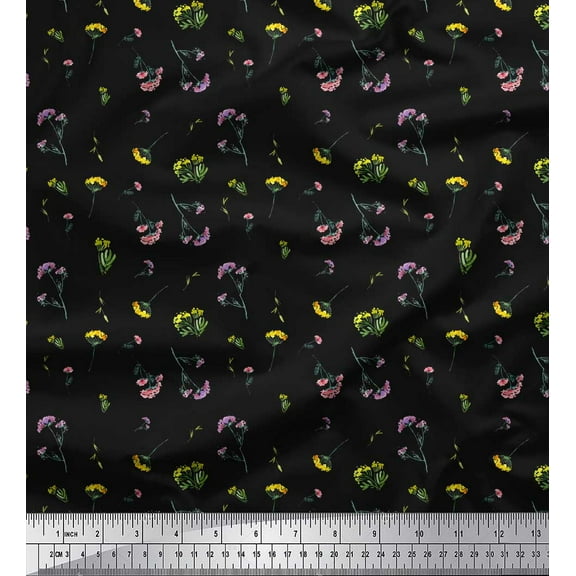 Soimoi Black Cotton Duck Fabric Leaves & Floral Watercolor Print Fabric by Yard 44 Inch Wide