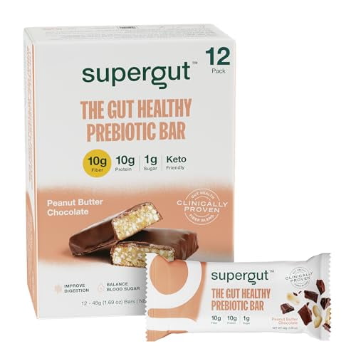 Supergut GLP-1 barras prebióticas potenciadoras, chocolate con mantequilla de maní - refrigerios y barras de desayuno con proteínas saludables para el intestino - barras energéticas de reemplazo de co
