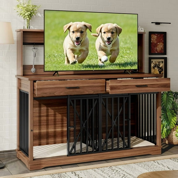 52in Heavy Duty Dog Cage Table with 2 Storage Drawers and Shelves, TV Stand Side End Table for 2 Dogs with Divider Locks,Dog Crate Furniture for Large or 2 Medium Dogs,  Brown