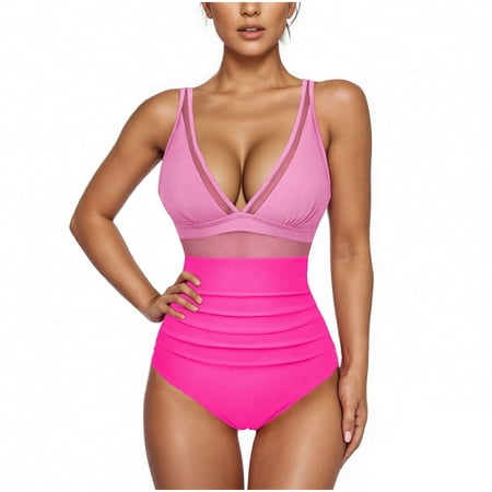GSPCLAM Women s Sexy Solid Color Tops Backless Lace Mesh Swimwear with Bra Pads V-Neck Summer Breathable Fashionable Tops Tops Pink XL