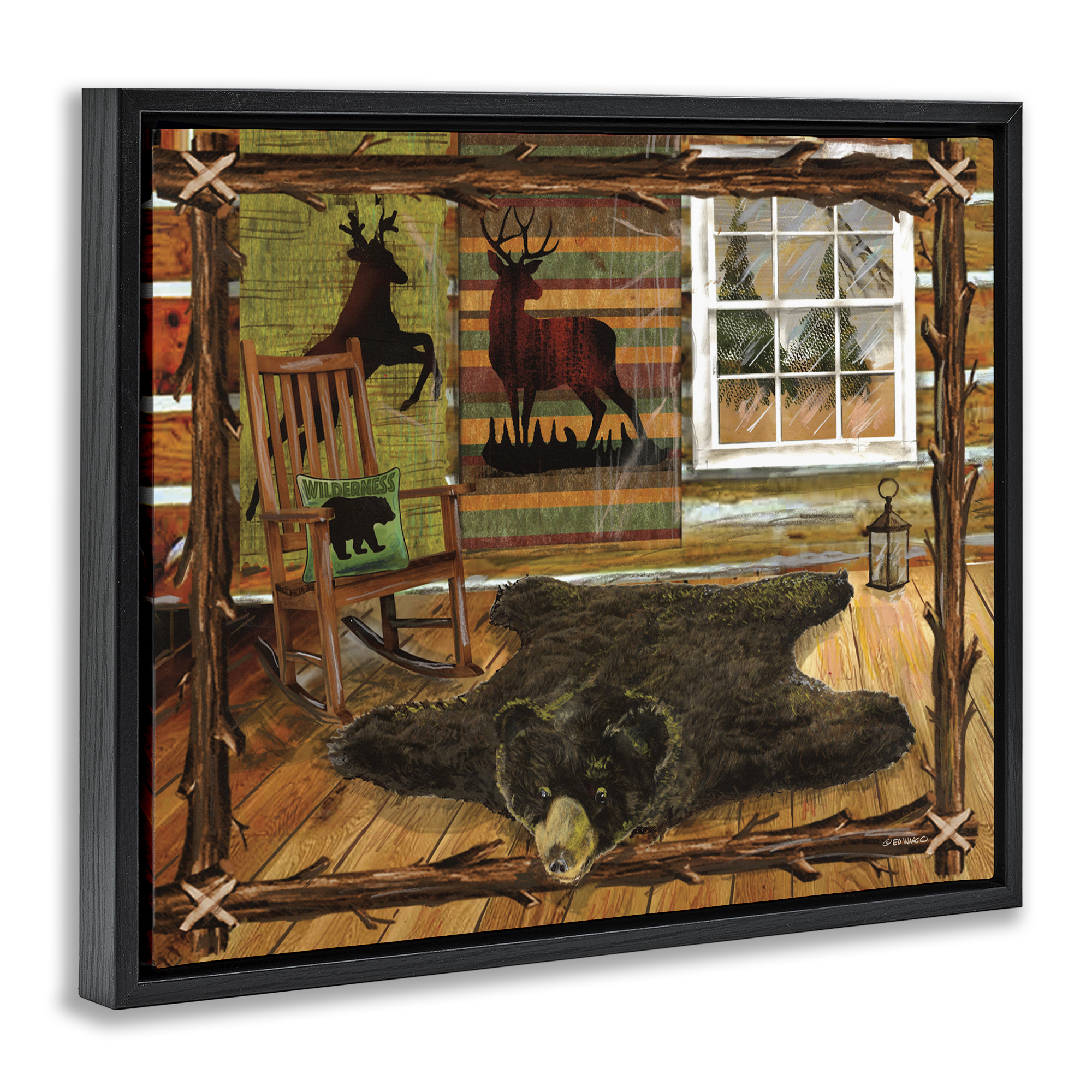 Stupell Industries Rustic Cabin with Border Animals & Insects Painting Black Floater Framed Art Print Wall Art, 21 x 17