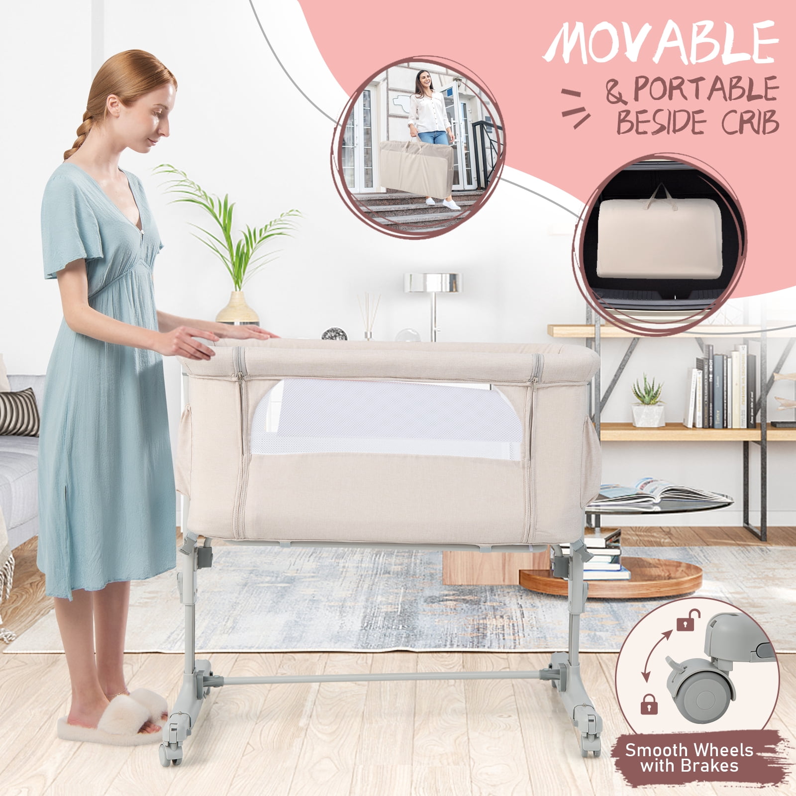 Babyjoy 3-in-1 Baby Bassinet Beside Sleeper Crib with 5-Level Adjustable Heights Beige