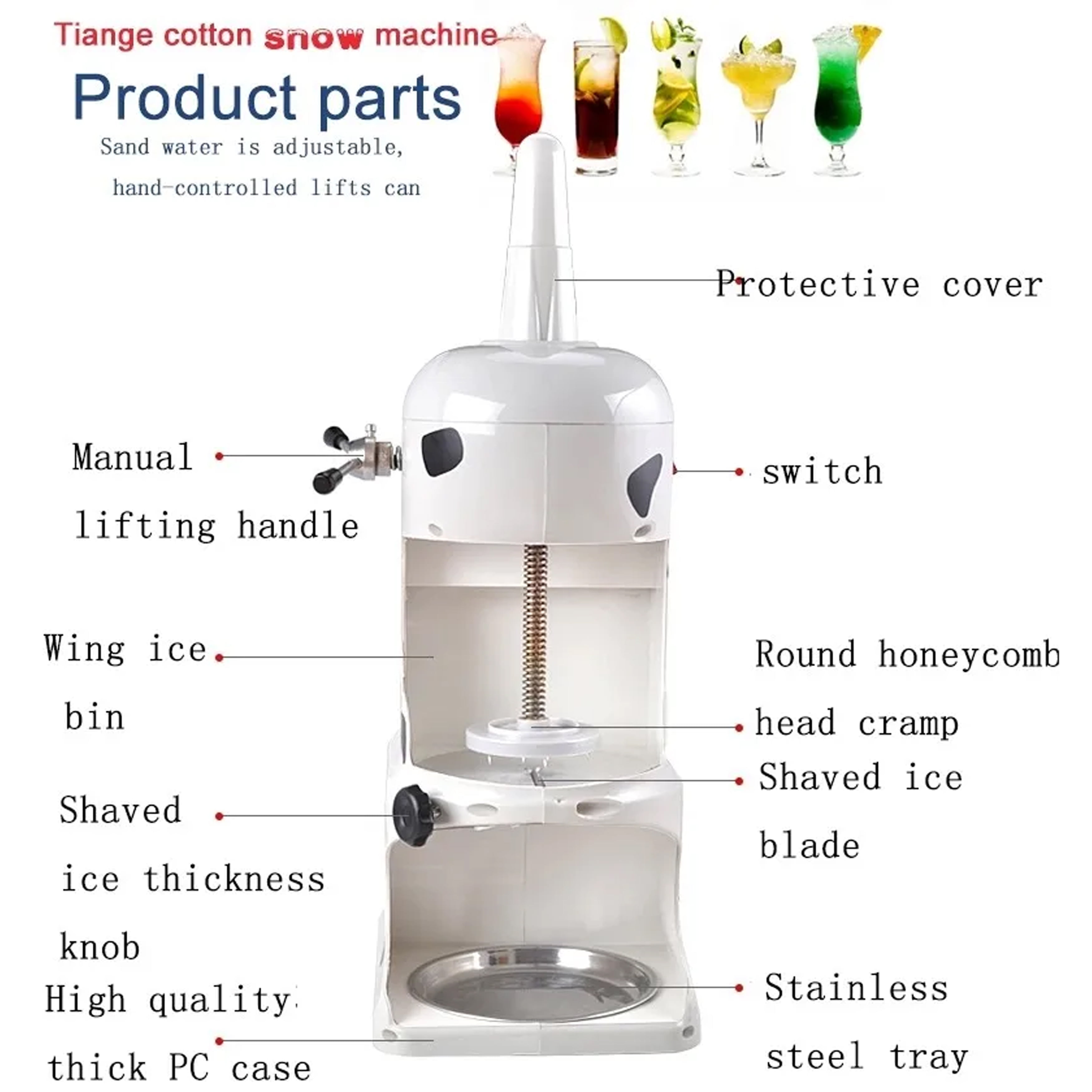Commercial Ice Shaver 350W 198lbs/h Electric Snow Cone Maker with Adjustable Ice Texture Ice Crusher Smoothie Machine Slush Machine Ice Cream Smooth Cocktail 110V