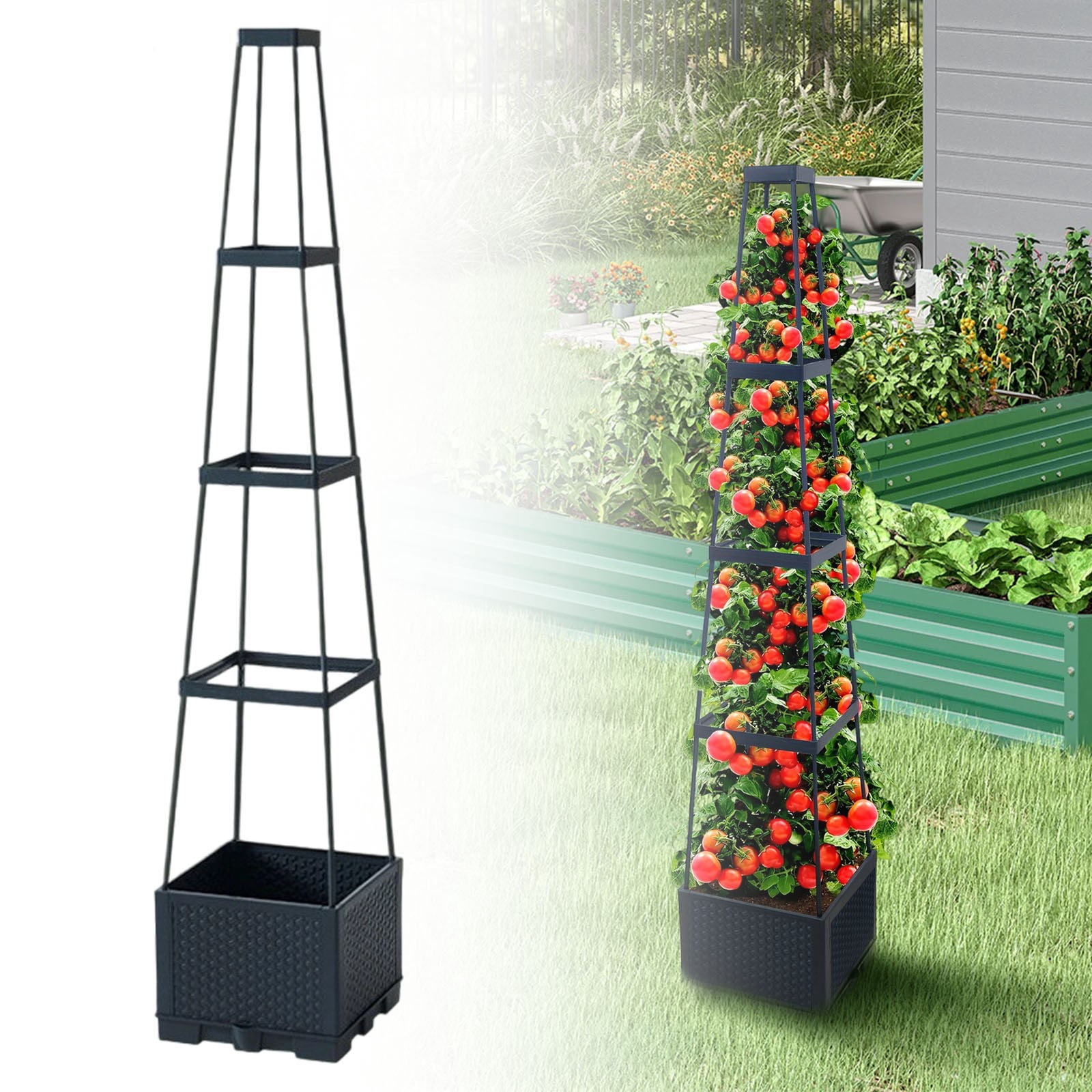 Raised Garden Bed Planter Box with Trellis, Tomato Cages for Climbing Vegetables Plant, Self-Watering Tomato Cage for Garden Patio Outdoor & Indoor, 4 Layer, Style A