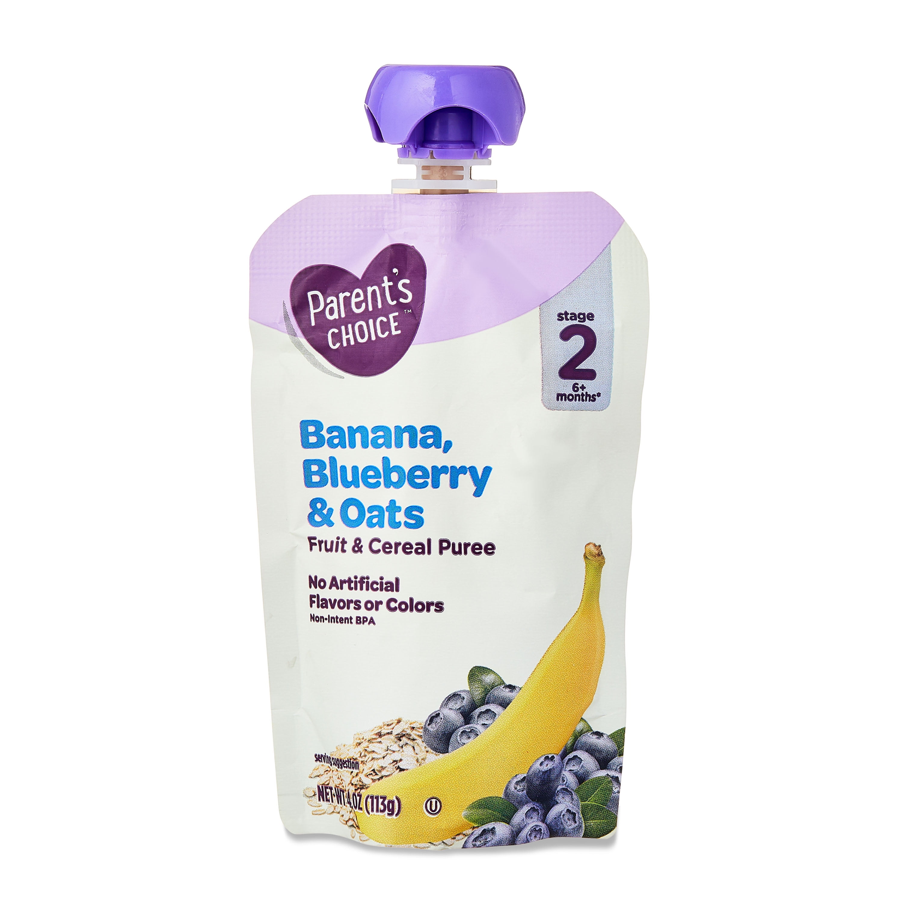 (12 pack) Parent's Choice Stage 2, Banana Blueberry Oats, 4 oz Pouch