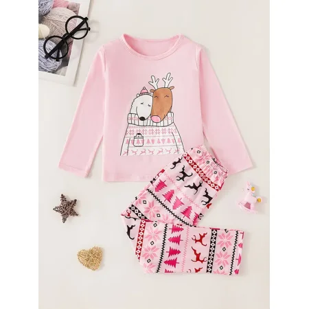 

Girls Christmas Cute Elk & Bear Print Long Sleeve Pajamas Sets