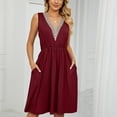 thumbnail image 5 of YYDGH Women's Sleeveless Solid Dress Casual Crochet Lace Trim V Neck Mini Dress Elastic Waist Pleated Dresses with Pockets Wine XXL, 5 of 5