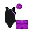 thumbnail image 4 of Doomiva Kids Girls Stylish Print Dance Unitards Sleeveless Color Block Bodysuit with Metallic Shorts Purple 10, 4 of 7