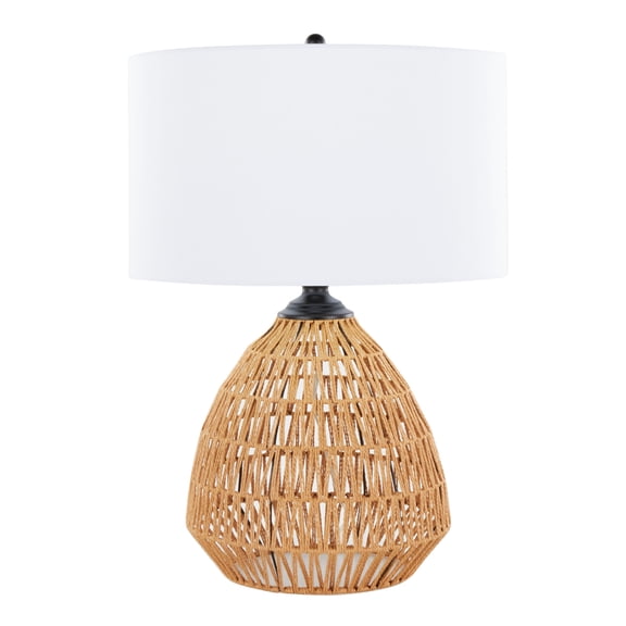 LHKJ 29in Natural Rope Rattan Table Lamp, Matte Black Metal, White Linen Shade